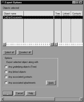 In the Export Options window, specifying the export of any comments attached to the 1995 Taxes object when it is exported.