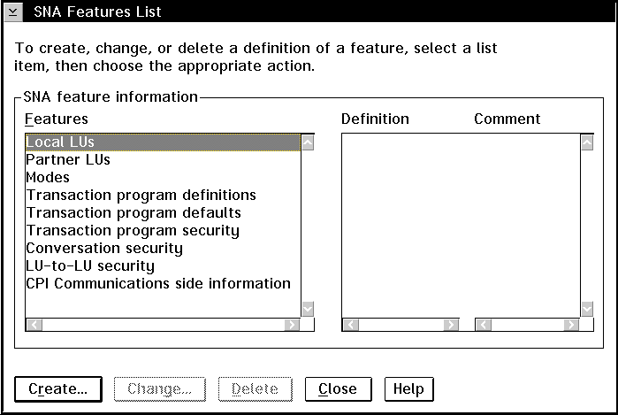 SNA Features List window.