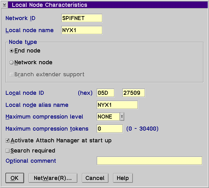 Local Node Characteristic window.