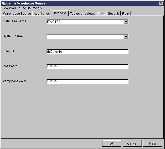 The Database page of the Define Warehouse Source notebook