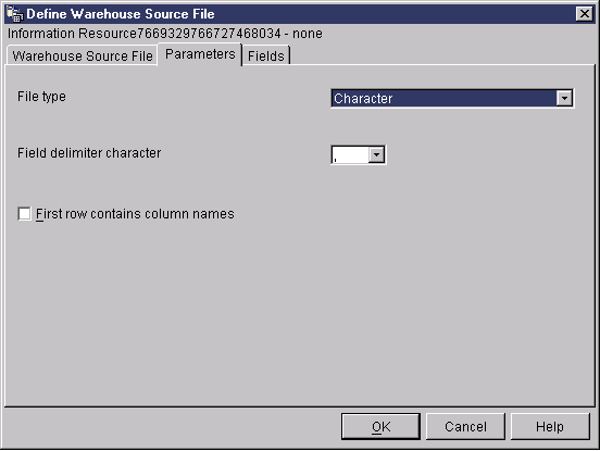 The Parameters page of the Define Warehouse source File notebook