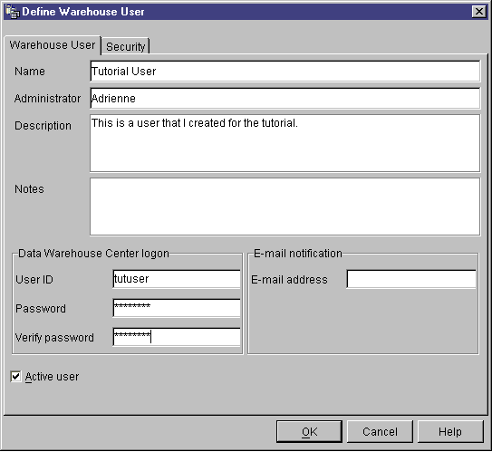 The Define Warehouse User notebook