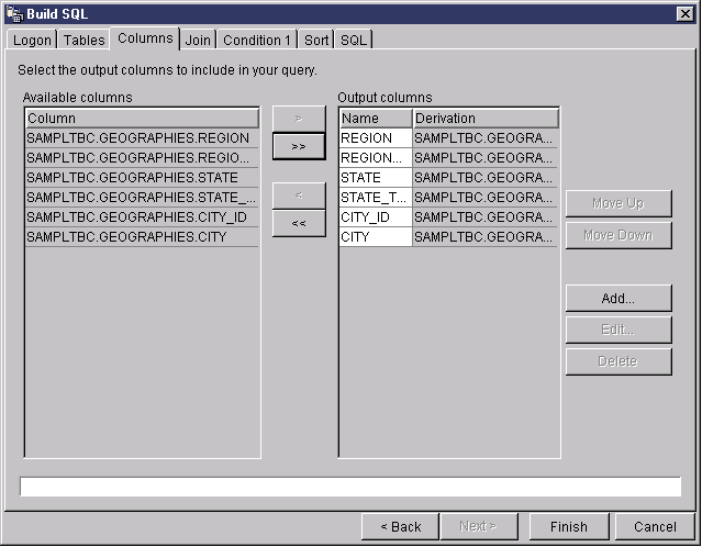 The Columns page of the Build SQL wizard