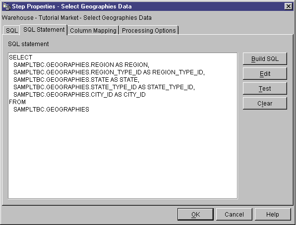 The GEOGRAPHIES SELECT statement on the SQL Statement page.