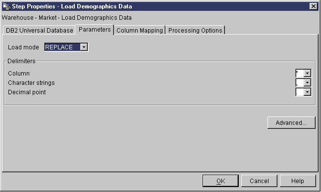 The Parameters page of the Step Properties notebook