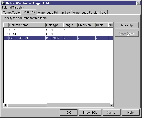 The Columns page of the Define Warehouse Target Table notebook