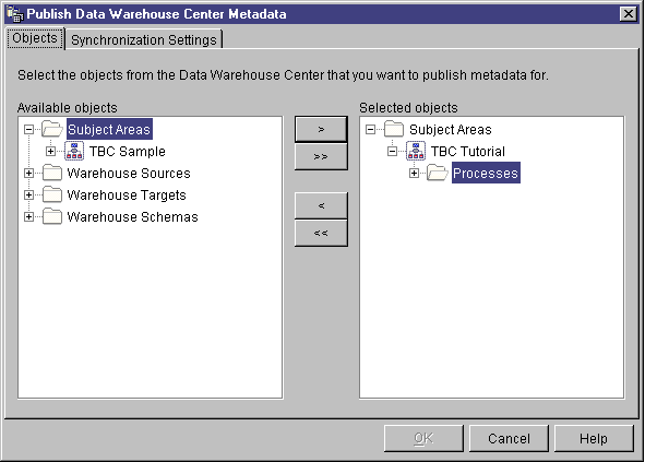 The Publish Data Warehouse Center Metadata window