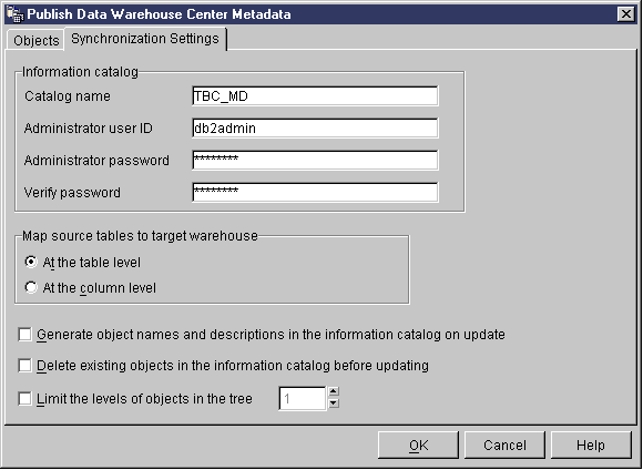 The Synchronization Settings page of the Publish Data Warehouse Center Metadata notebook