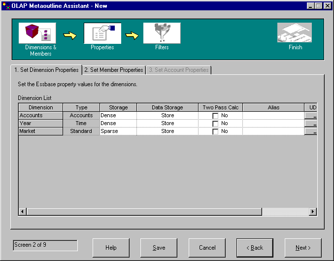 Set Dimensions Properties page