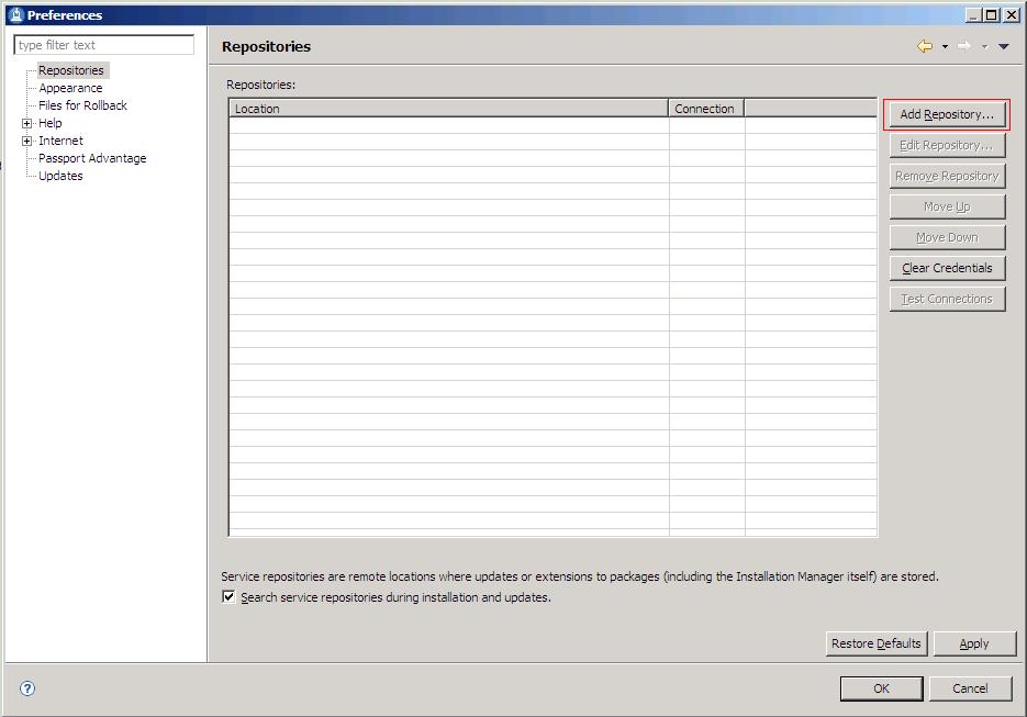 Installation Manager Preferences panel