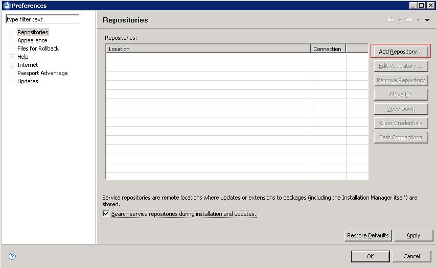 Installation Manager Preferences panel