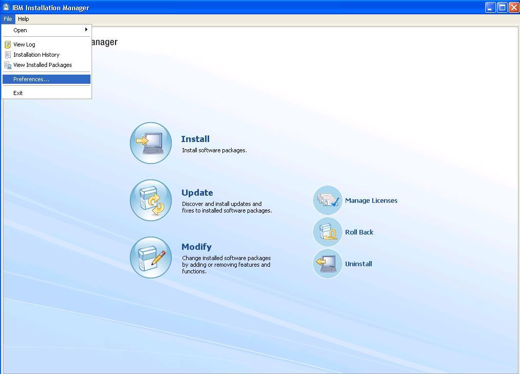Installation Manager panel select Preferences