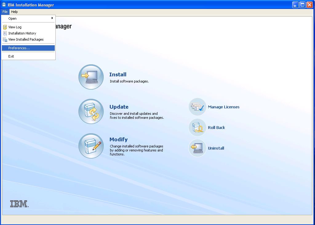 Installation Manager panel select Preferences
