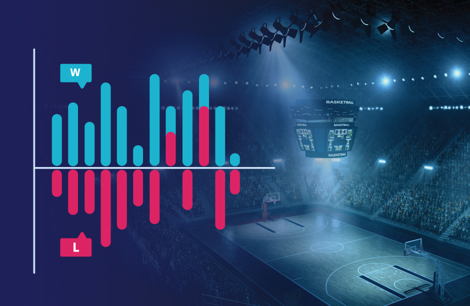 Two-sided bar chart showing wins and loses, overlayed on an image of a basketball arena