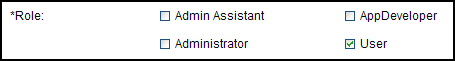 Check boxes for Admin Assistant, Administrator, AppDeveloper, and User user roles