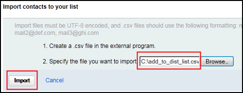 screenshot highlighting the .csv file and the import button