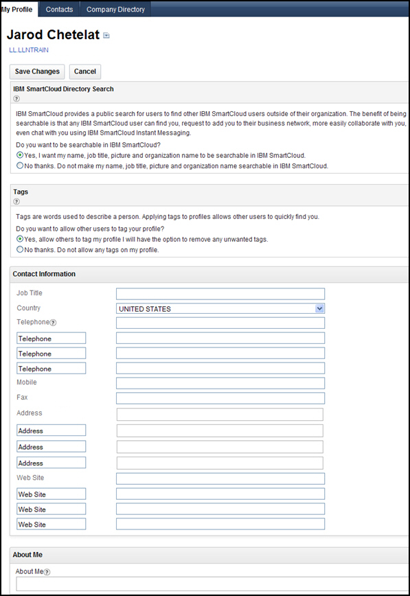 The default fields in the user profile are job title, country, telephone, mobile, fax. skype name, address, web site, and about me.