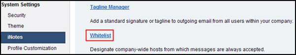 UI of the administration panel highlighting the whitelist link
