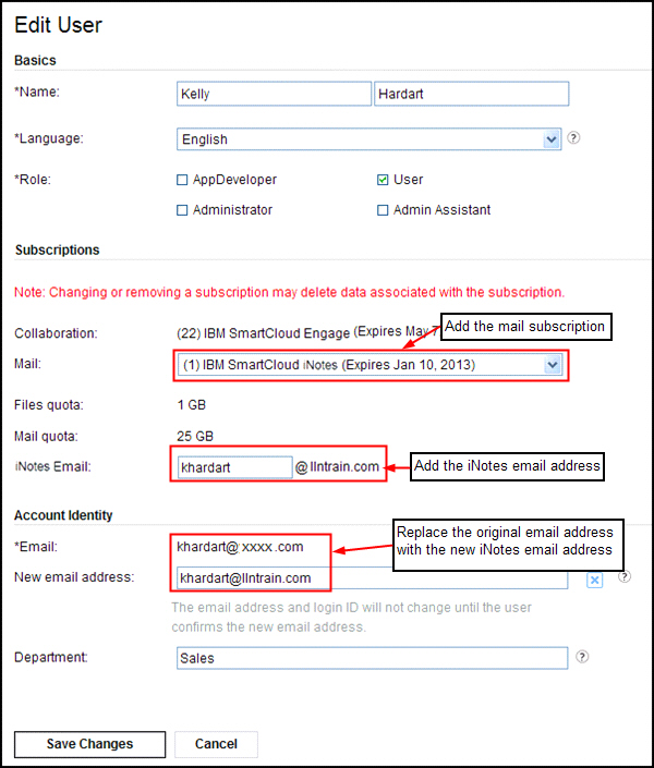 Image of Edit User dialog with changes highlighted