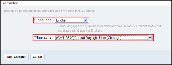 Change the language and time zone using the language and time zone fields.