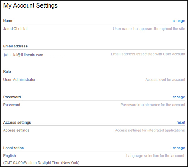 The My Account Settings page allows you to change your name, password, and localization.