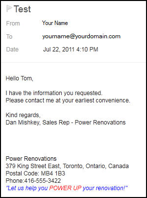 screenshot of email test showing the tagline at the bottom of the message