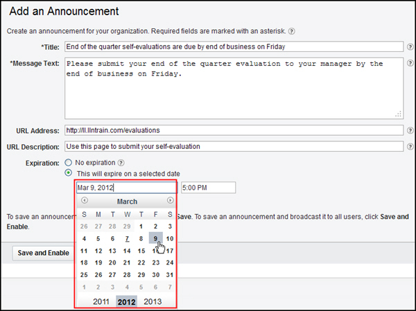 Click in the date field to expose a calendar.