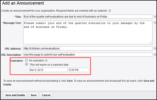 Select No expiration, or select This will expire on a selected date and set a date and time for expiration.