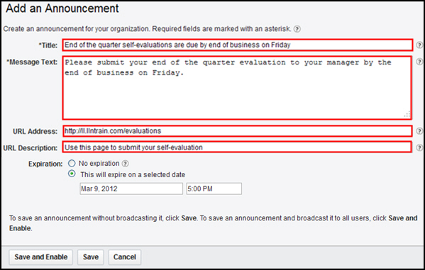 Fill in the title, message text, URL address, and URL description fields.