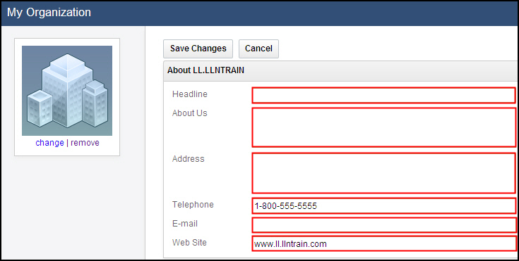 Enter information in the Headline, About Us, Address, Telephone, E-mail, and Web Site fields as desired.