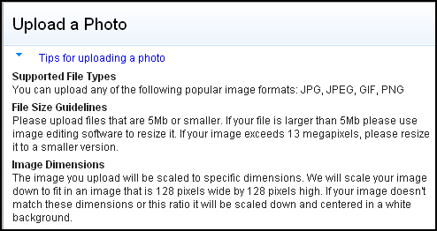 Image format information: Supported File Types (JPG, JPEG, GIF, PNG, File Size Guidelines (<=5MB), Image Dimensions (128px x 128 px).