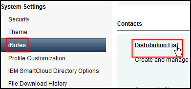 UI of the administration panel highlighting the iNotes and Distribution List links