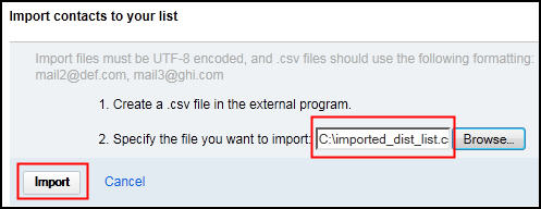 image showing the Import button highlighted and the file to import highlighted
