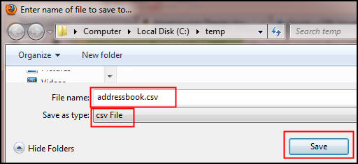 Save file as addressbook.csv and type csv file