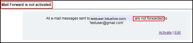 screenshot showing that the Mail Forward feature is not activated
