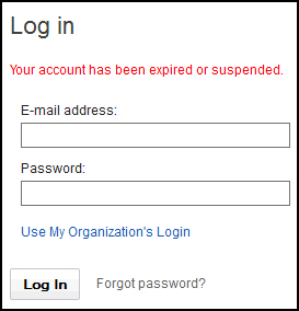 The denied login message is displayed as: "Your account has been expired or suspended."