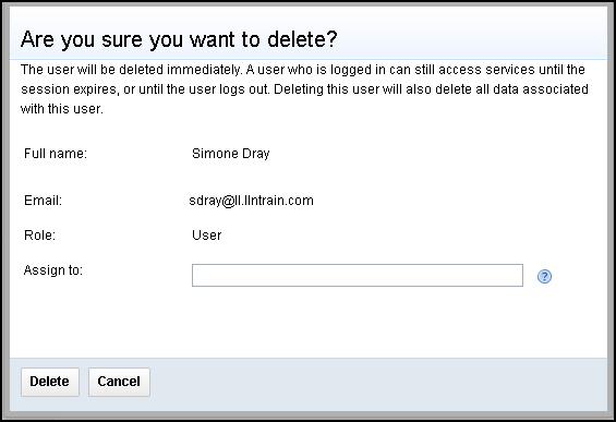 The Delete Confirmation dialog displays the user name, email and role.