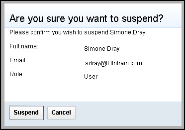 The Suspend Confirmation dialog displays the user name, email and role.