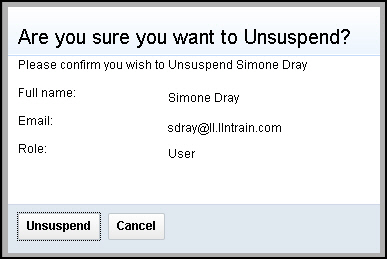 The Unsuspend Confirmation dialog displays the user name, email and role.