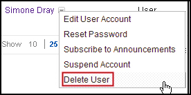 The Delete User option is highlighted in the user popup menu.