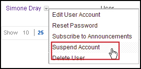 The Suspend Account option is highlighted in the user popup menu.