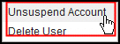 The Unsuspend Account option is highlighted in the user popup menu.