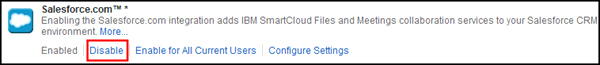 The Disable link for the SmartCloud for Social Business API Explorer app is highlighted.