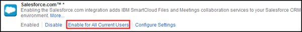 The Enable for All Current Users link for the SmartCloud for Social Business API Explorer app is highlighted.