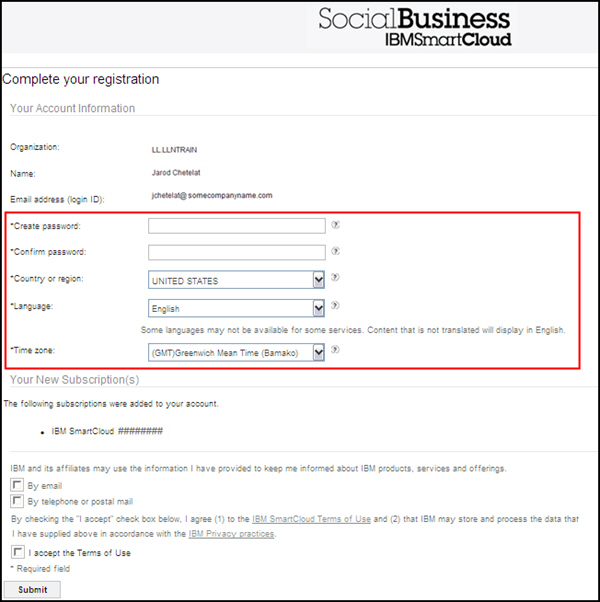 Create and confirm your password. Then set your country, language, and time zone.