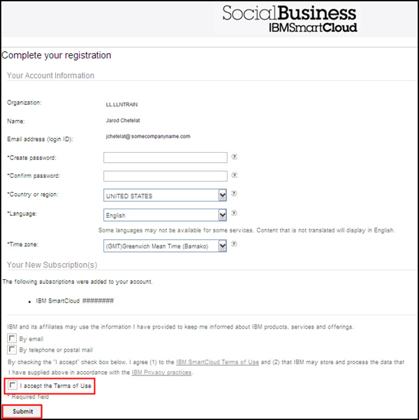 Click I accept the Terms of Use, and then click Submit.
