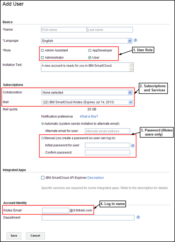 Use role, Subscriptions, Password, and Log in name areas of the Add User page are highlighted