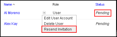 The Resend Invitation option is highlighted in the popup menu of a pending user.