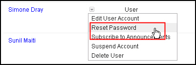 The Reset Password option is highlighted in the user popup menu.