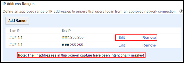 Use the edit and remove links to modify the IP Address Ranges.